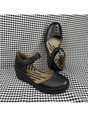Fly London BISO305FLY Black Leather Mary Jane Wedge Sandals Size EU 37 US 6.5
